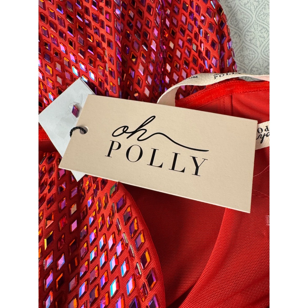 Oh Polly Red Embellished Mini Dress Off Shoulder Plunge Neck Bodycon US 10 NEW - Picture 9 of 10